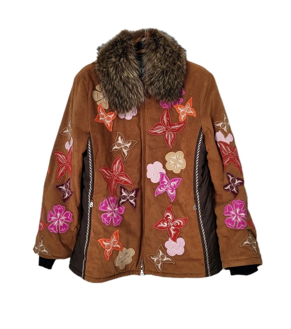 $2500 Bogner VTG Leather Down Handmade Embroider Ski Jacket Coat Brown Sz 10